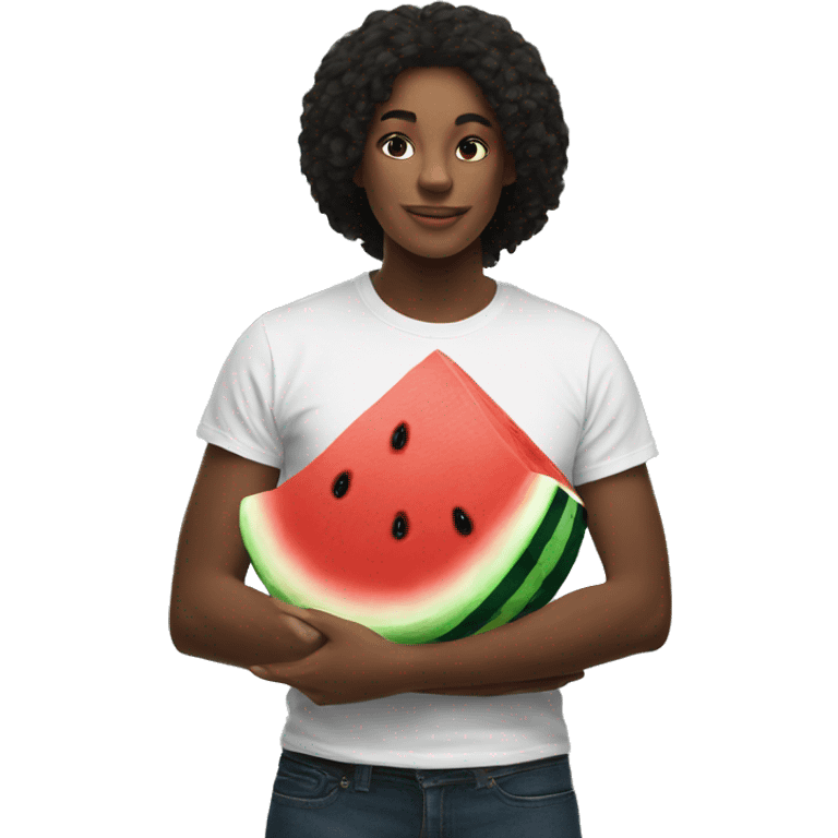 A Black Tshirt with an image of one slice of watermelon on the Tshirt emoji