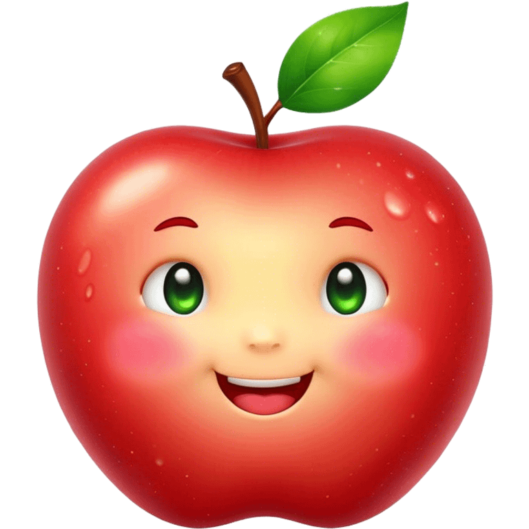 Cute Kawaii Apple, round and plump, bright shiny red with a tiny green leaf, chubby cheeks, sparkling eyes, a happy smile, soft glowing highlights, radiating fresh sweetness! emoji