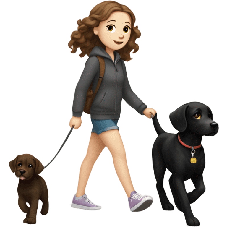 White girl with wavy brown hair walking a black Labrador emoji