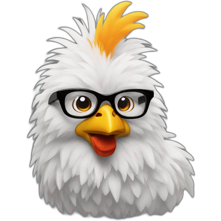 Fluffy chicken with black glasses and smoke and thunders emoji