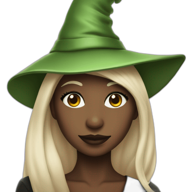 Cynthia Erivo with green skin and a witch hat emoji