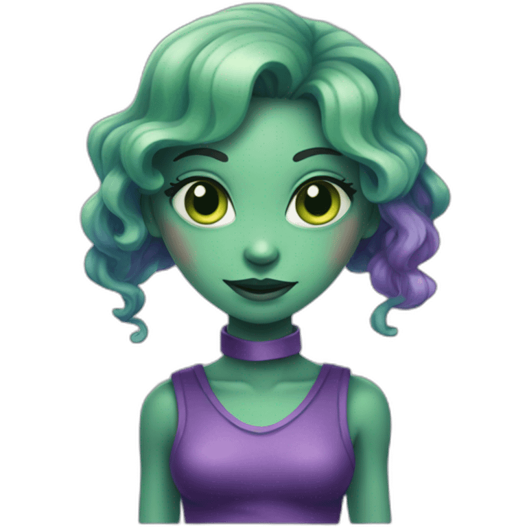 An alien girl with green skin and purple hair waves with her hand emoji