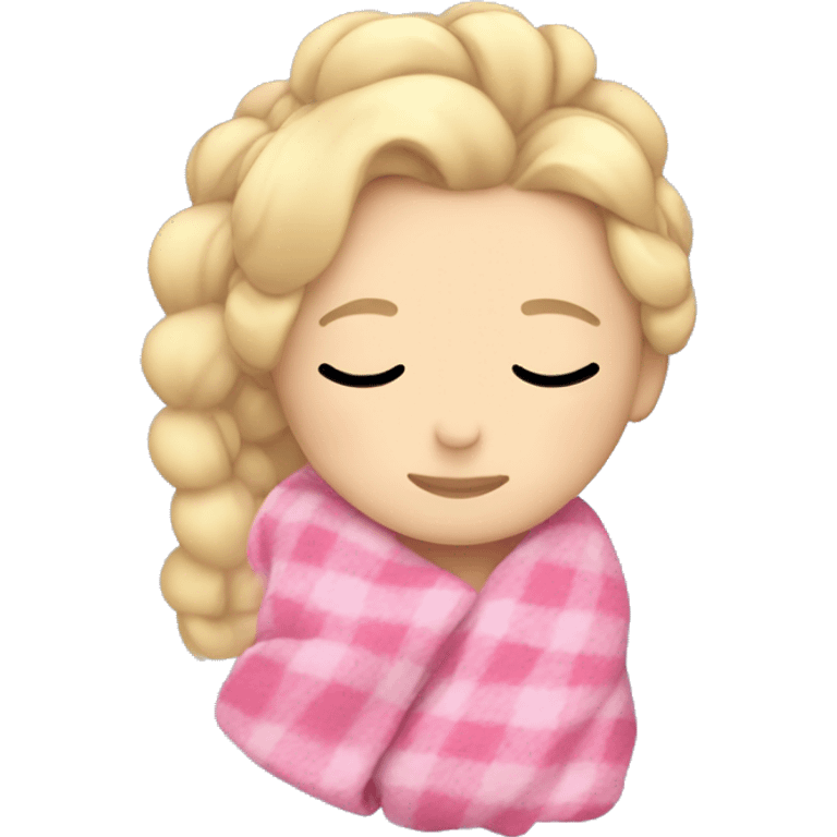 Blonde blue eyed girl sleeping with a pink blanket covering her and her hair in a messy French braid  emoji