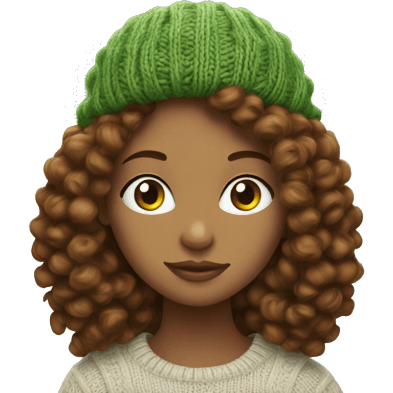 Green eyed Girl with brown curly hair knitting a beanie emoji