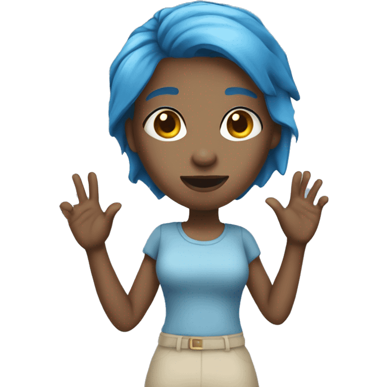 Sarcastic blue hair girl holding hand up emoji