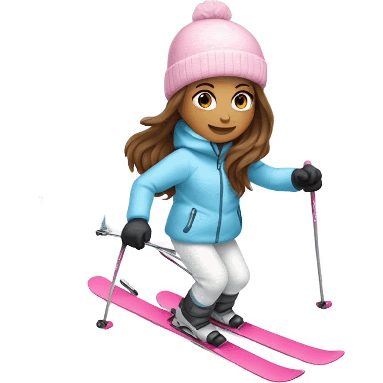 Girl with long brown hair skiing on pink skis. Wearing a light blue coat. And a pair of white snow pants.  emoji