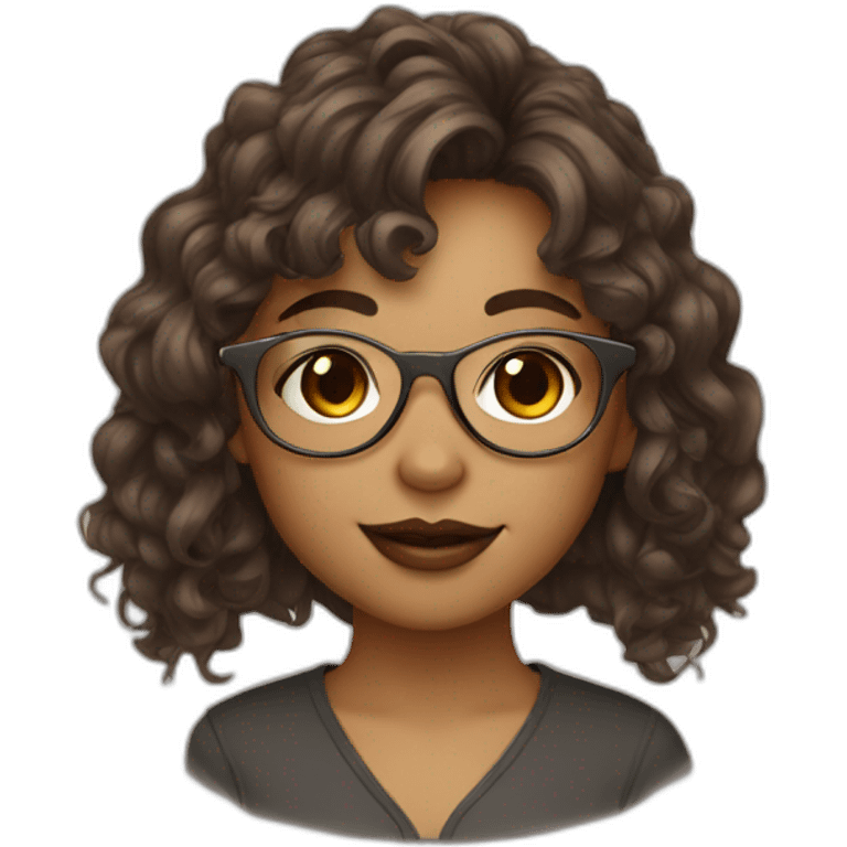 a girl with brown wavy hair, bangs, brown eyes, a nose ring, and gold wireframe glasses  emoji