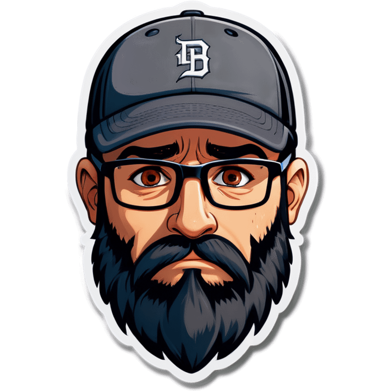 A man with a grey baseball cap, hazel eyes, big dark brown beard and glasses, crying emoji