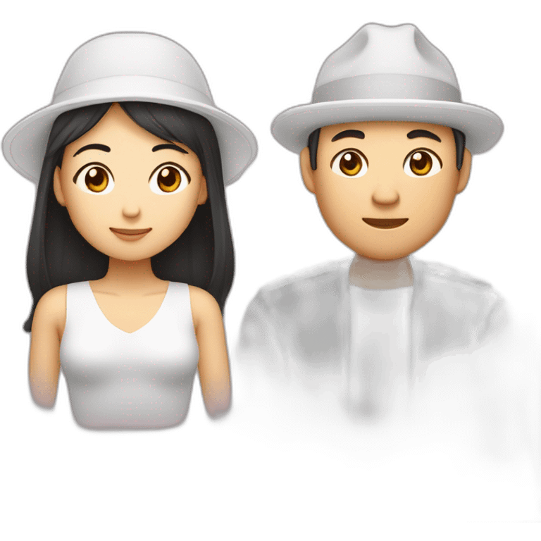 une femme asiatique et un homme matte de peau qui se font un câlin emoji