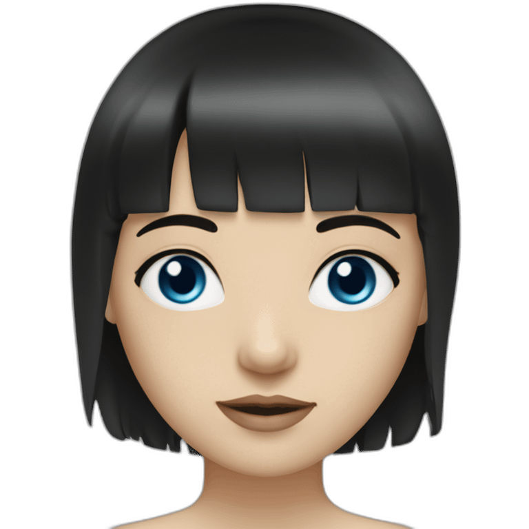 girl with blue eyes black hair fringe white skin and a little cheek emoji