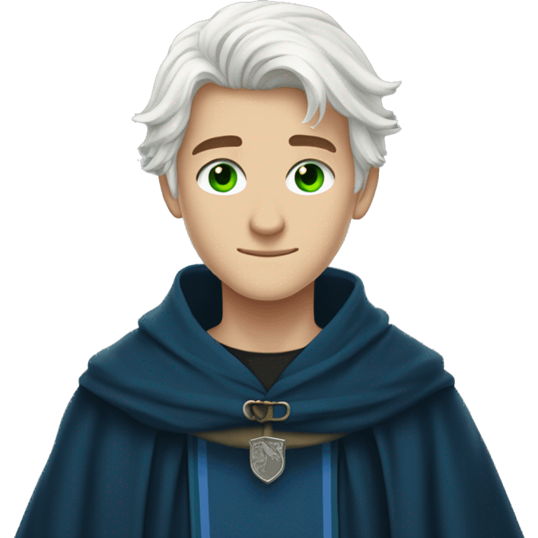 16 year old boy, white hair, green eyes, scar on right eye in ravenclaw hogwarts robes. emoji