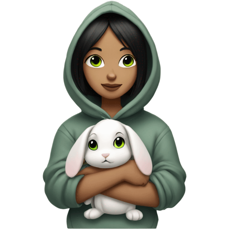 Girl with black straight bob hair, green eyes and nose piercing hugging a bunny in a hoodie  emoji