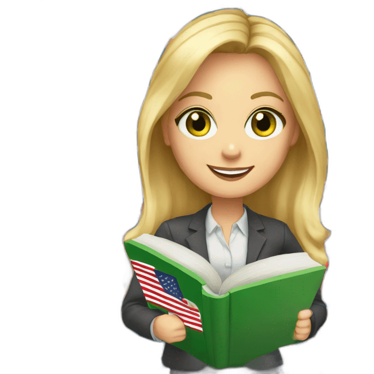 English teacher female with blonde hair and green eyes with English book with usa flags emoji