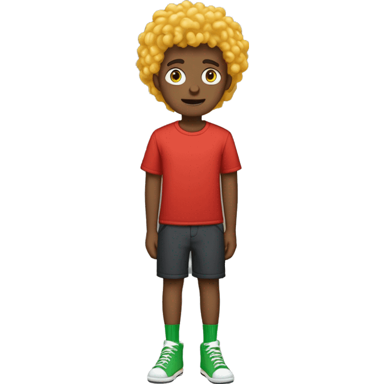 Tall boy with curly yellow hair and green eyes wearing red t shirt, white shorts, blue socks and black trainers emoji