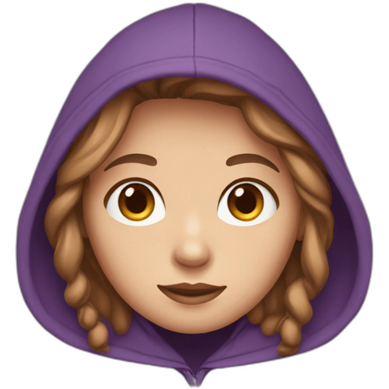 A girl with white skin, light brown hair, brown eyes, and wearing a purple hoodie  emoji