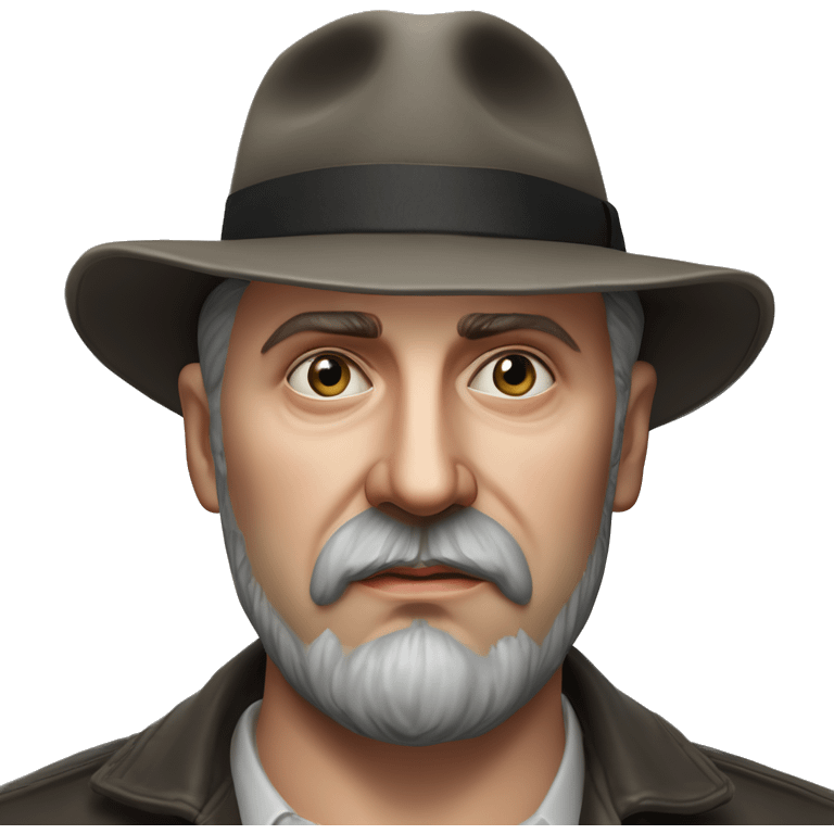 Russian writer Alexander Kuprin Photorealism A plump serious man of Slavic appearance with Small eyes with goatee beard and mustache, with a  short haircut, big detailed face, wrinkled face, wearing a fedora hat emoji