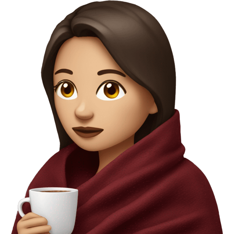 Brunette girl inside a maroon blanket sipping coffee eyes closed emoji