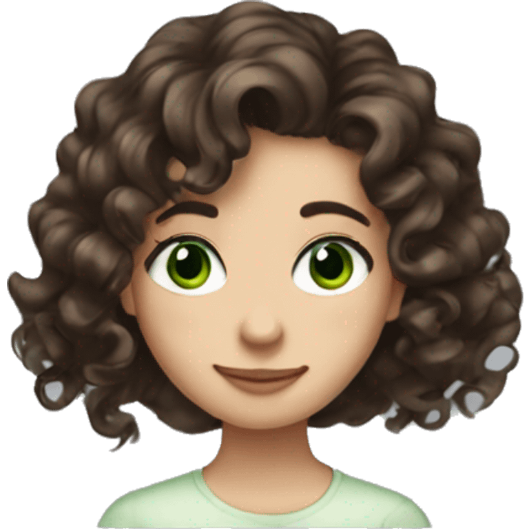 Loosely dark brown curled hair, girl with green eyes and with freckles emoji