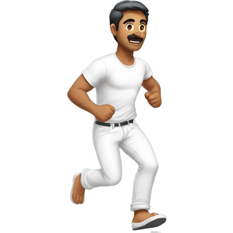 an indian man aged 30 years, wearing a white t-shirt and a white pant, full body, running, front-facing view, arms swinging naturally, intense focused expression, high resolution, perspective view, 2D cartoon style, simple cartoon colors
 emoji