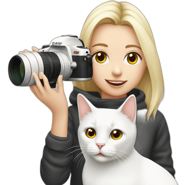 Girl photographing her white cat emoji