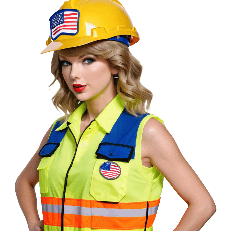 Taylor Swift is a construction worker wearing a patriotic dress with a neon yellow safety vest over the dress. she also has a hard hat and a patriotic patch on the vest emoji