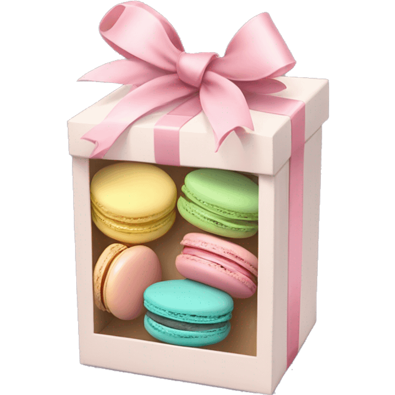 Realistic flat clear box of pastel macaron cookies with ribbon bow tied around the box. emoji