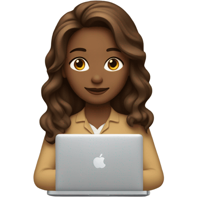 a woman with brown long wavy hair and brown eyes and white skin with macbook emoji