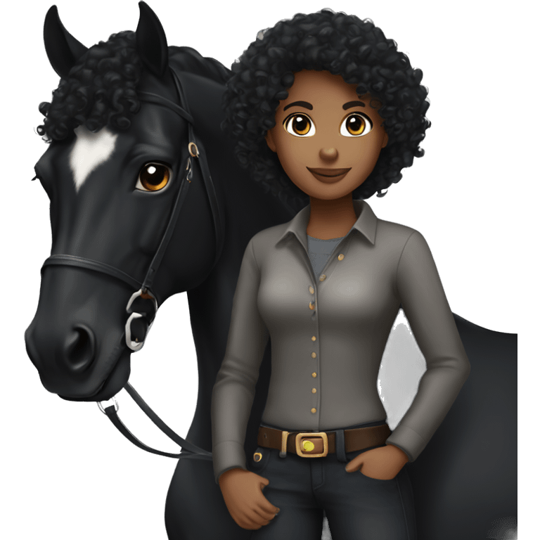 Black curly hair equestrian girl with brown eyes standing next to a black horse emoji