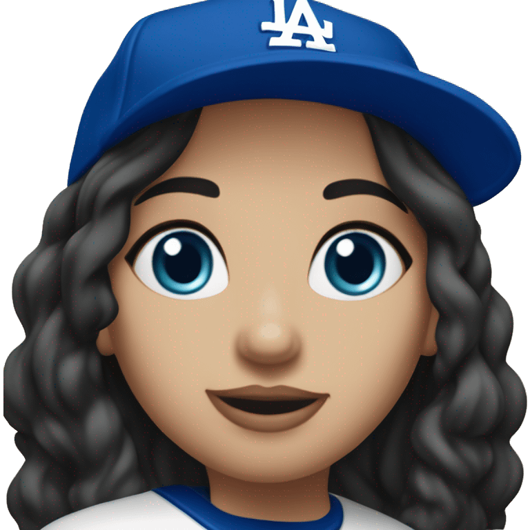 Woman, long black hair, fair skin, blue eyes LA Dodger hat birthday party emoji