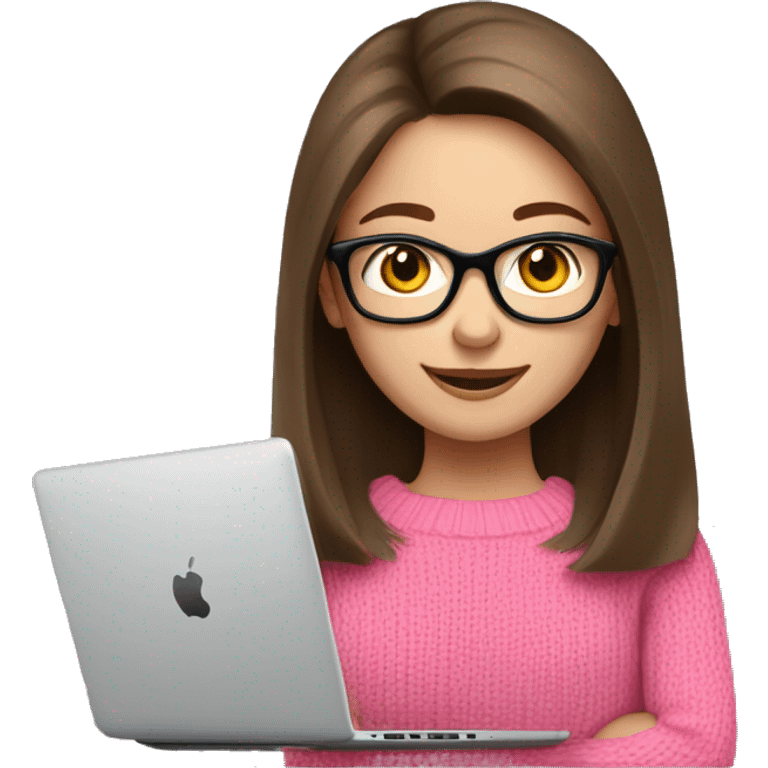 Russian smile Girl with straight brown hair and black glasses frame and in pink sweater working behind laptop emoji