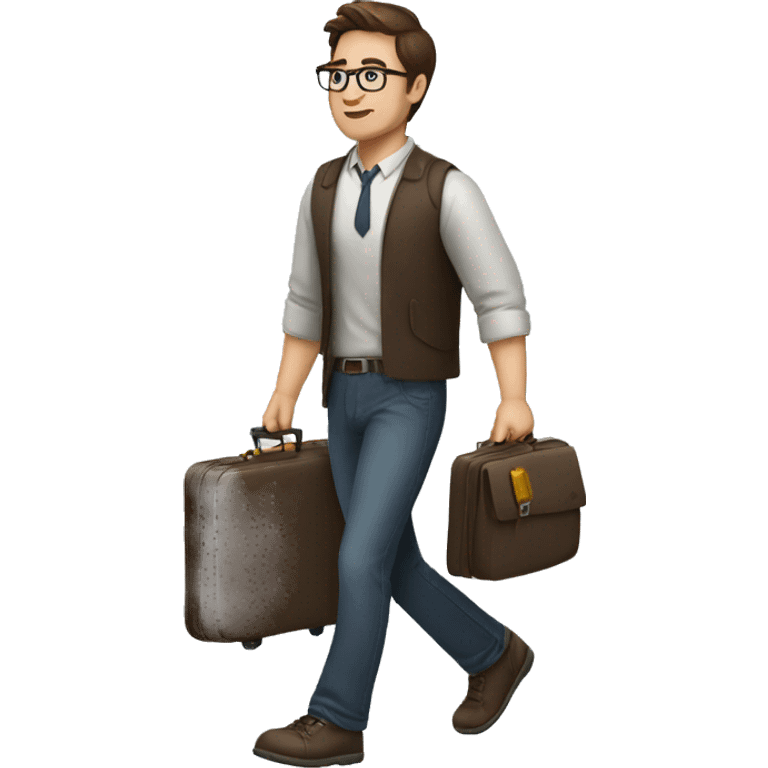 a man with brown hair and glasses walking with a suitcase emoji