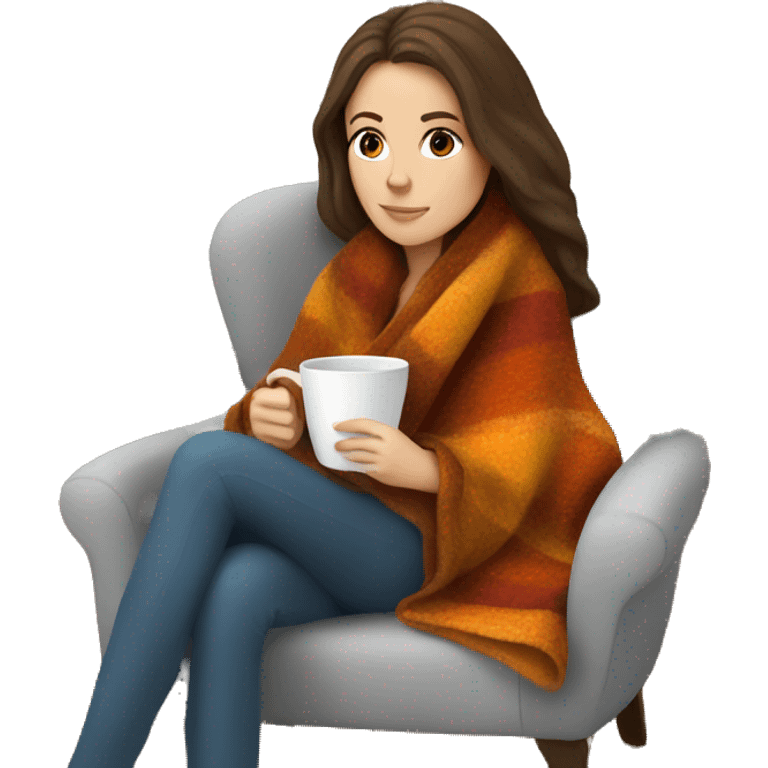 Brunette white girl covered in blanket autumn vibe sitting on a cozy chair holding coffee emoji