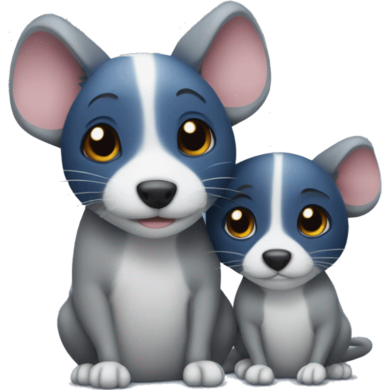 Grey rat and dark blue and black eared dog hugging  emoji