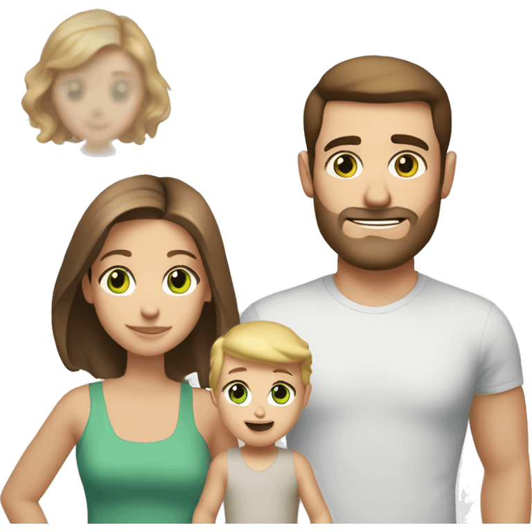 white family dad, short brown hair brown eyes, mum long brown hair brown eyes, toddler blonde hair blue eyes, baby Brown hair green eyes emoji