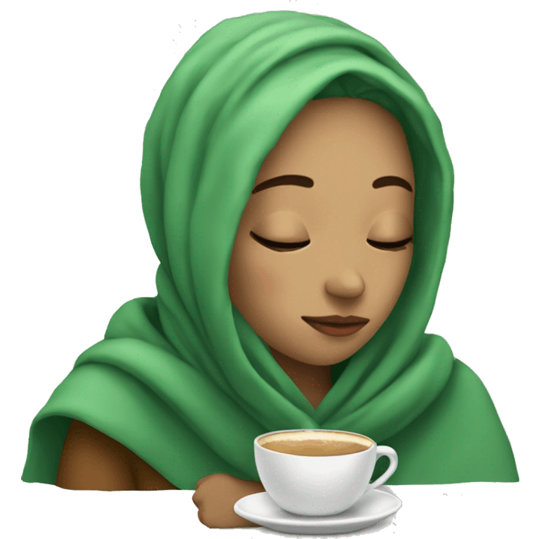 girl with green hair inside a blanket sipping coffee eyes closed emoji