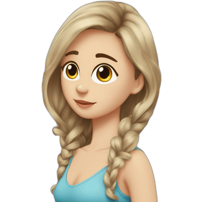 Ragazza, alta 1,58m, castana capelli mossi, occhi marroni, testa in cuscino soffice azzurro, imbarazzo emoji