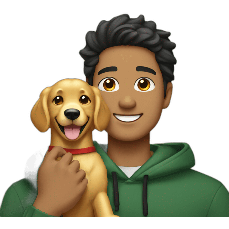 Light skin smiling indian guy with black middle part hairstyle wearing dark green hoodie hugging a golden retriever emoji