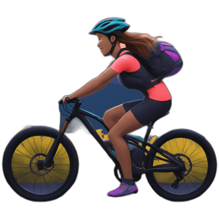 Illustrate a woman on an advanced bike with neon accents, biking on a scenic mountain trail at dusk emoji