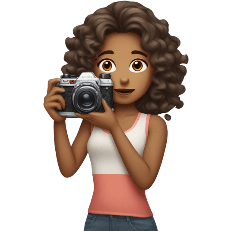 UGC content girl holding camera covering face, olive with brown soft Hollywood curls emoji