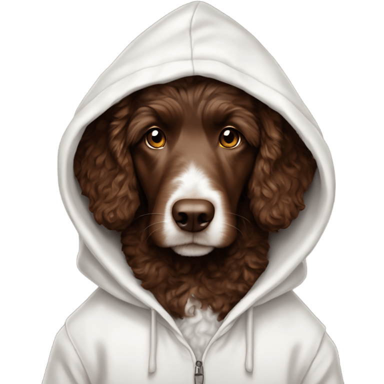 Chocolate brown Aussie doodle in a white hoodie with the hood up emoji