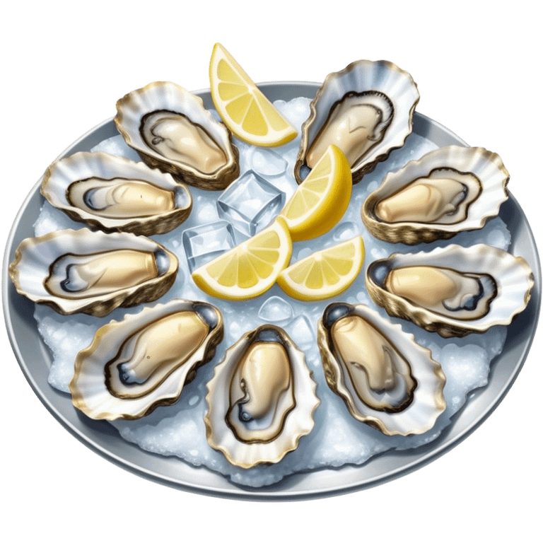 Cinematic fresh oysters on the half-shell, glistening with seawater, served with lemon wedges and ice, soft glowing highlights, elegant and luxurious. emoji