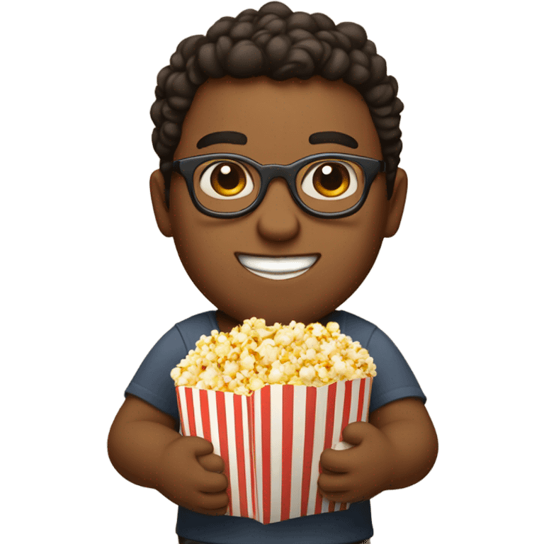 Fat brown-skin boy wearing glasses and holding popcorn in one hand and pinnuts in the other emoji