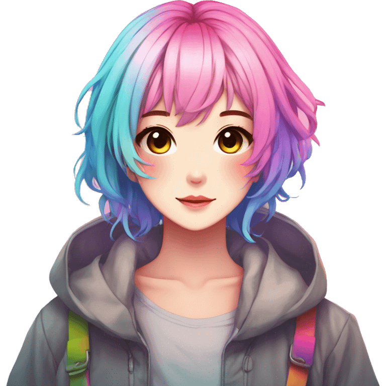 Gorgeous anime style shojo character with blushing face aesthetic and pretty colorful shiny gradient neon rainbow hair with hair garment trending style emoji