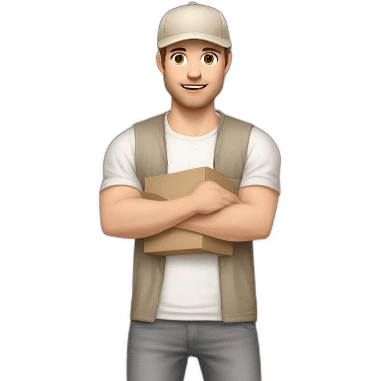 Pale skinned fit Man with dark brown hair in a beige cap, gray jeans, brown polo and white T-shirt keeping a pasted with tape white box into his hands emoji