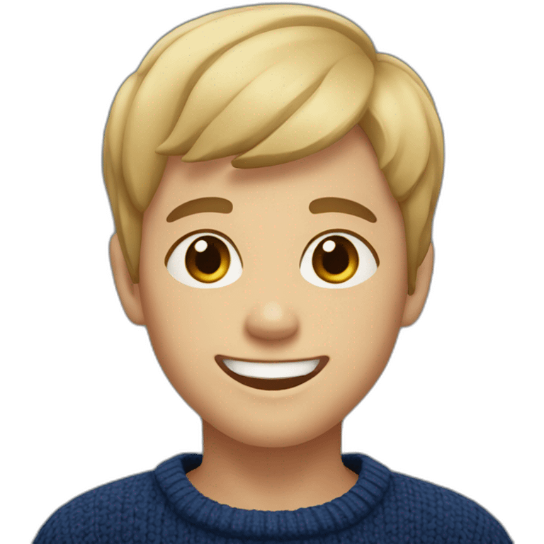 young blonde boy with short hair and dark blue sweater smiling with brown eyes emoji