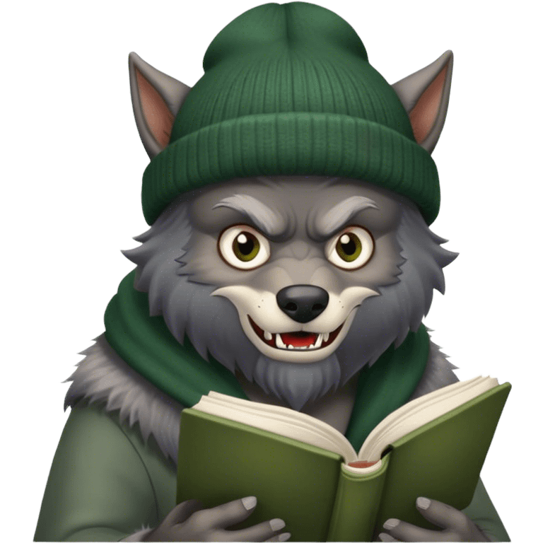 werewolf wearing a dark green beanie reading a book emoji