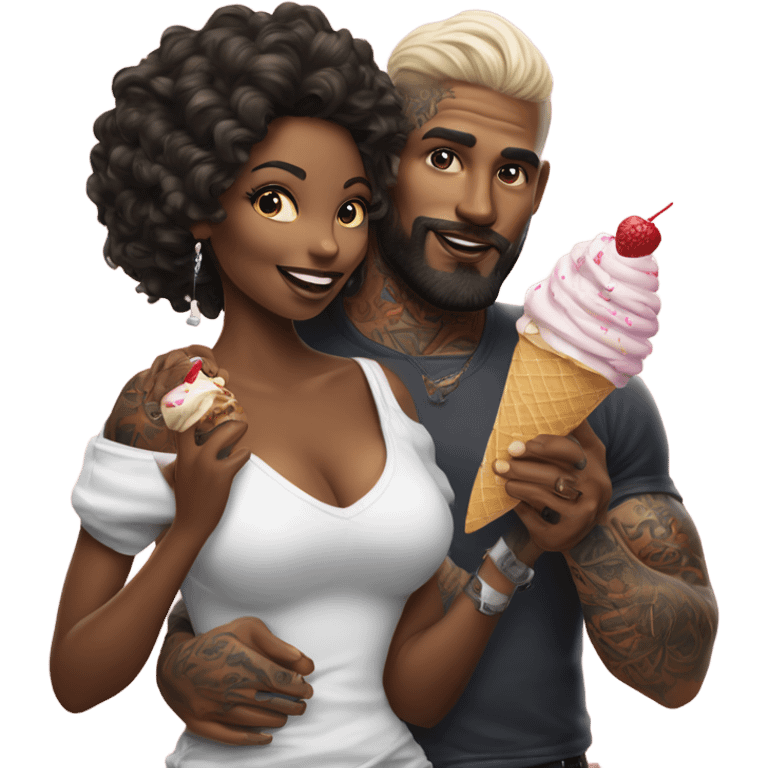 Hyper Realistic beautiful woman in the arms of a very handsome tattooed man sharing ice cream  emoji