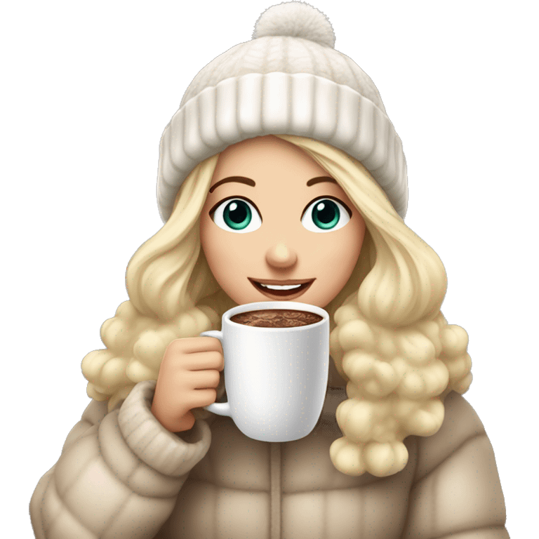 Blonde girl in a fluffy bobble hat holding hot chocolate emoji