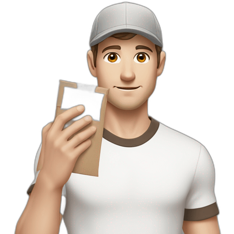 Pale skinned fit Man with dark brown hair in a light gray cap, dark brown jeans, brown polo and white T-shirt keeping a pasted with tape white box into his hands emoji