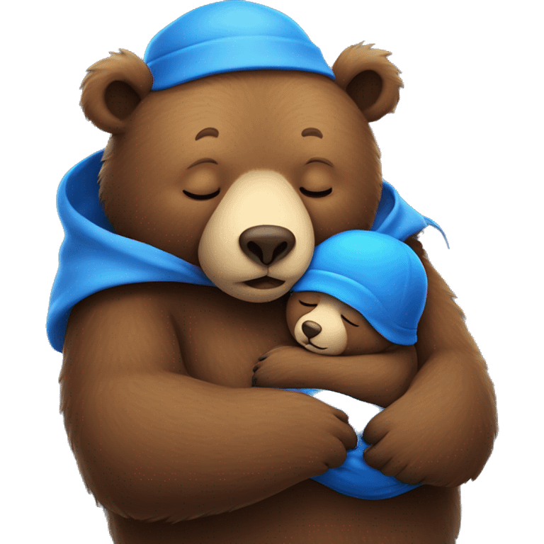 Big brown bear sleeping with a blue sleeping cap on cradling a baby bear cub who is also sleeping emoji